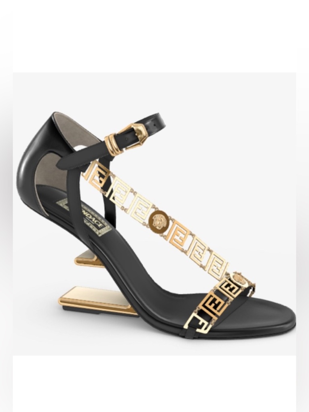 Fendi First Fendace  Black Leather T-Strap Heels with Gold Medusa Chain